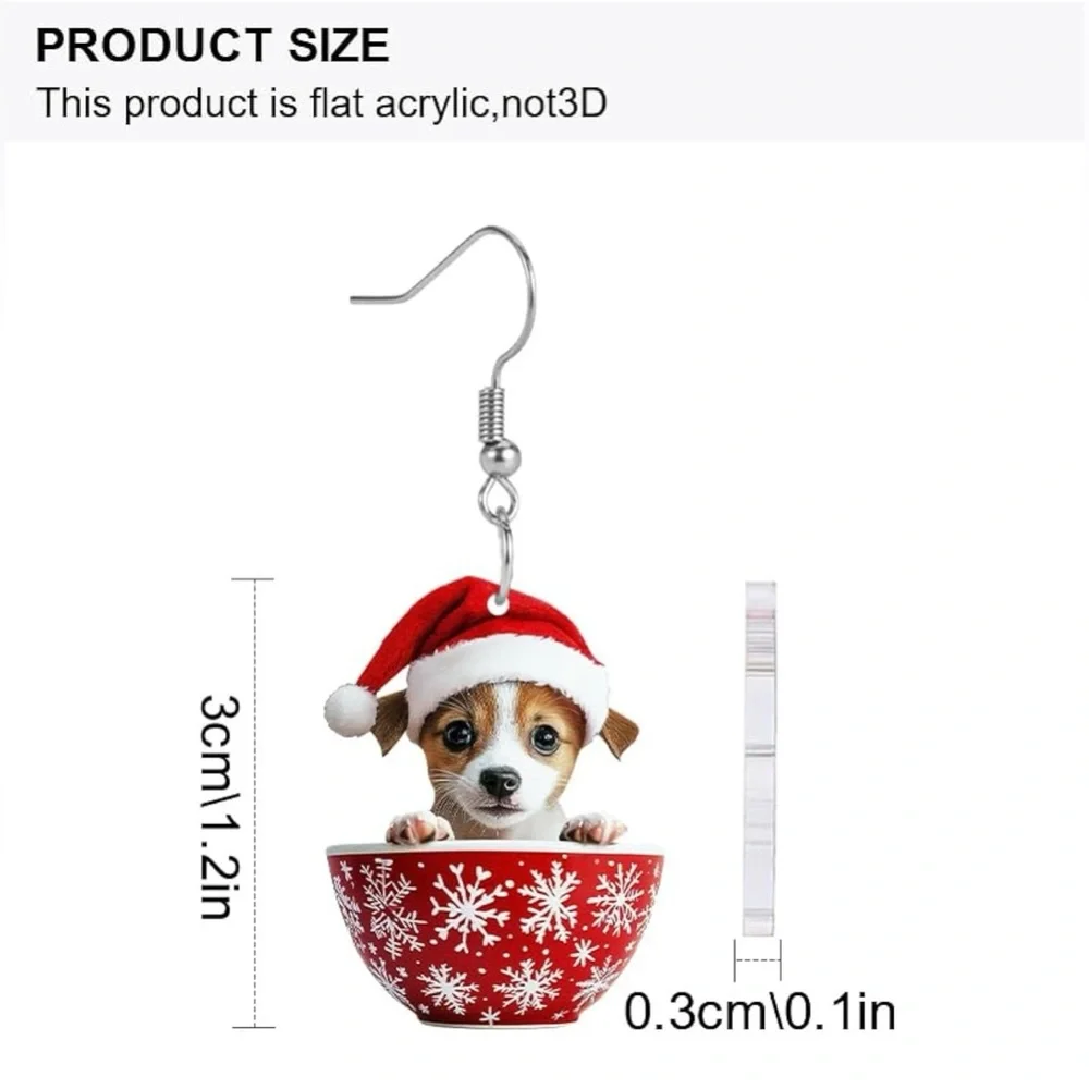 Cute Christmas Dog Santa Hat Teacup Flat Acrylic Dangle Drop Earrings NWOT